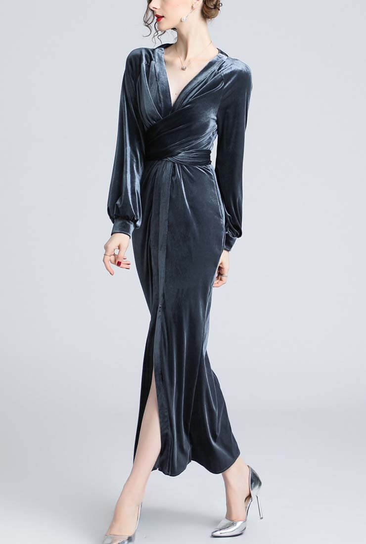 Fashion V-neck Velvet Wrap Maxi Dress